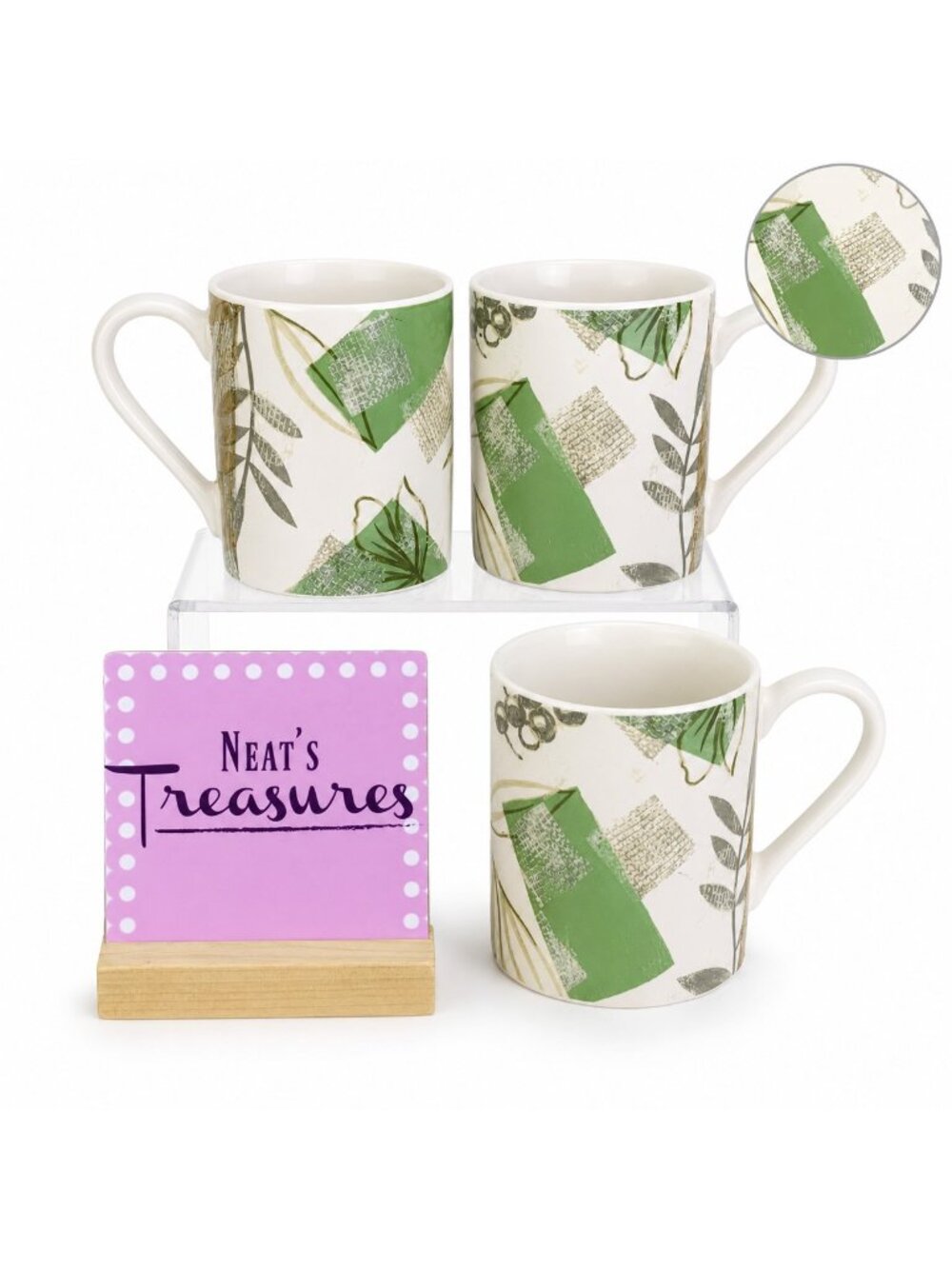 Corelle Coordinates TEXTURED LEAVES Green Tan Gray Stoneware 12oz Cup Mug Set 3